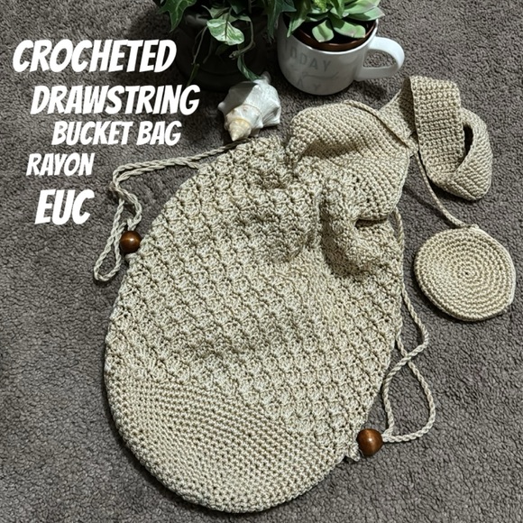 Drawstring Top Crocheted Bucket Bag-Small Matching Round Mini Coin Bag-Tan-EUC - Picture 1 of 16